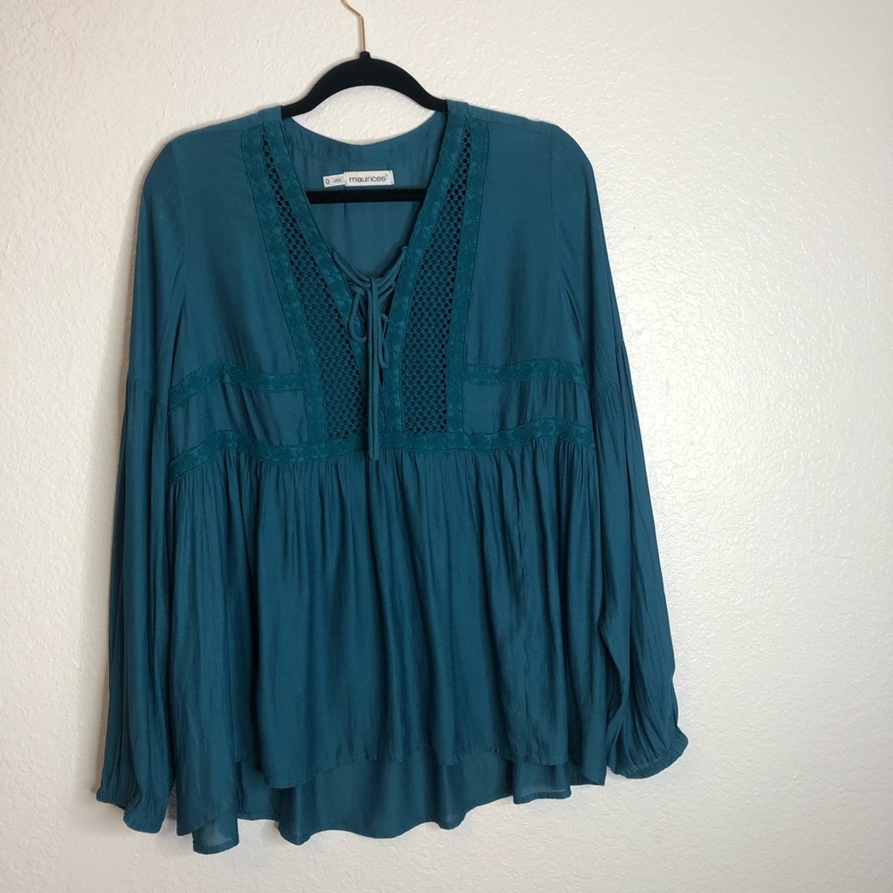 Maurices Teal Long Sleeve Lace Up Knit Blouse